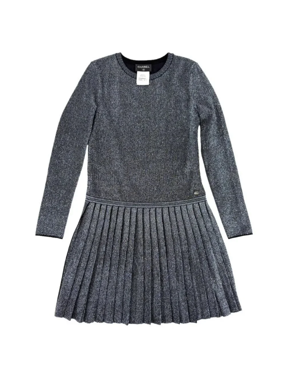 Chanel Dress Lame Knit Pleated Long Sleeve 36 Metallic Silver Rayon Polyester